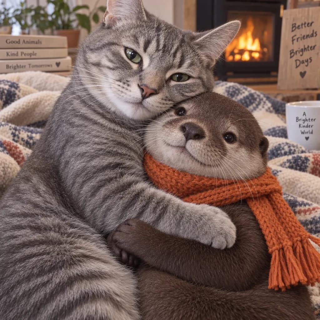 A gray tabby cat hugging an otter that wears a knitted orange scarf, from OpenAI's GPT Image 2.5 documentation