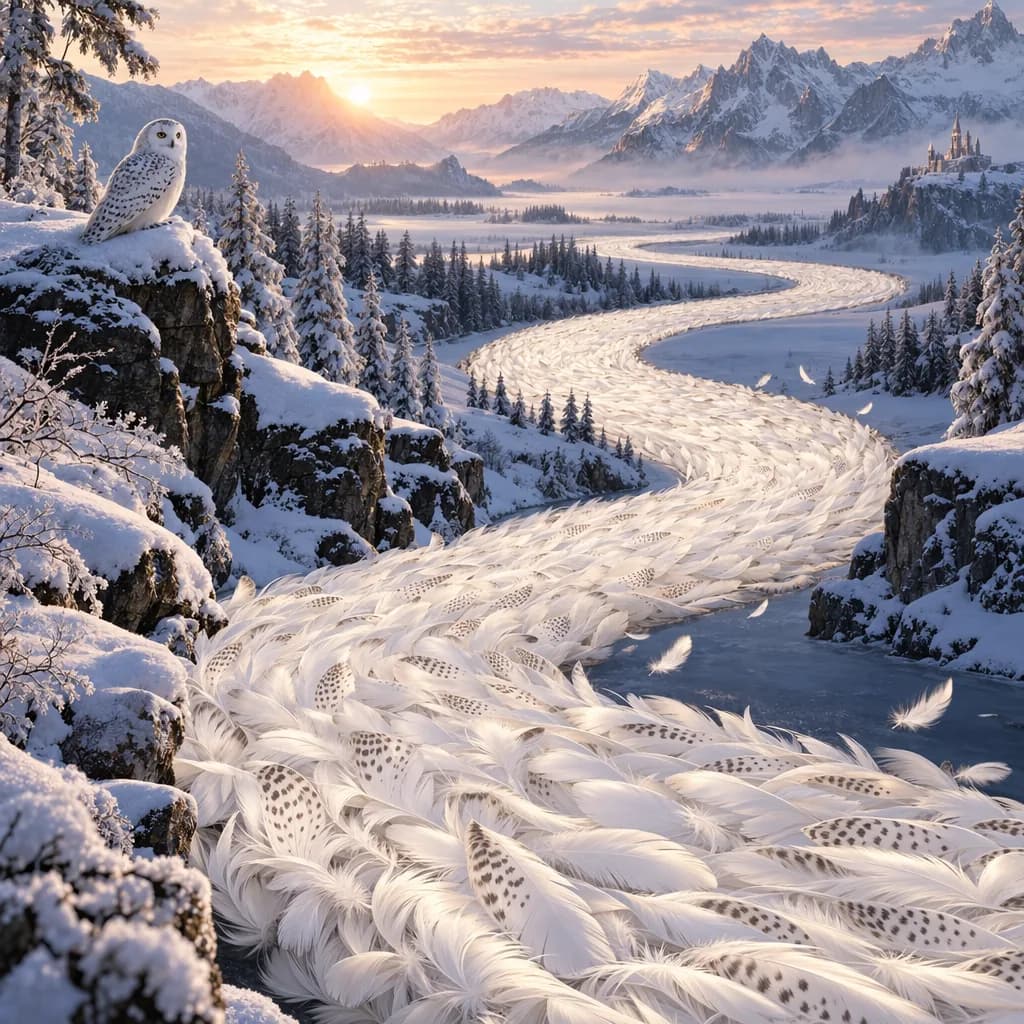 Final generated image of a river made of white owl feathers winding through a winter landscape