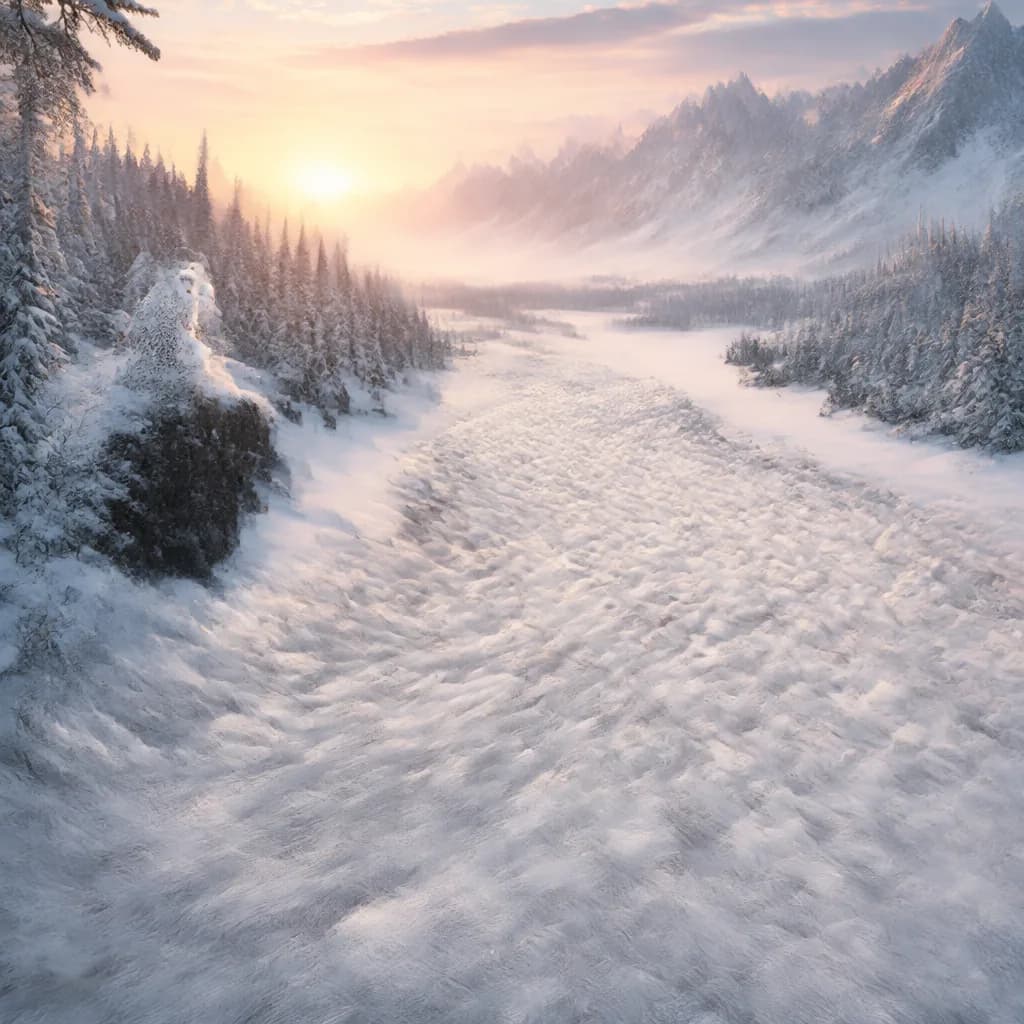 Early partial frame of a snowy mountain valley with a pale river shape and a barely formed owl on a rock