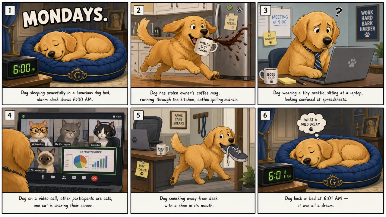 GPT Image 2 result for the six-panel golden retriever comic strip — clean 2×3 grid, "MONDAYS" rendered correctly, clocks reading 6:00 and 6:01