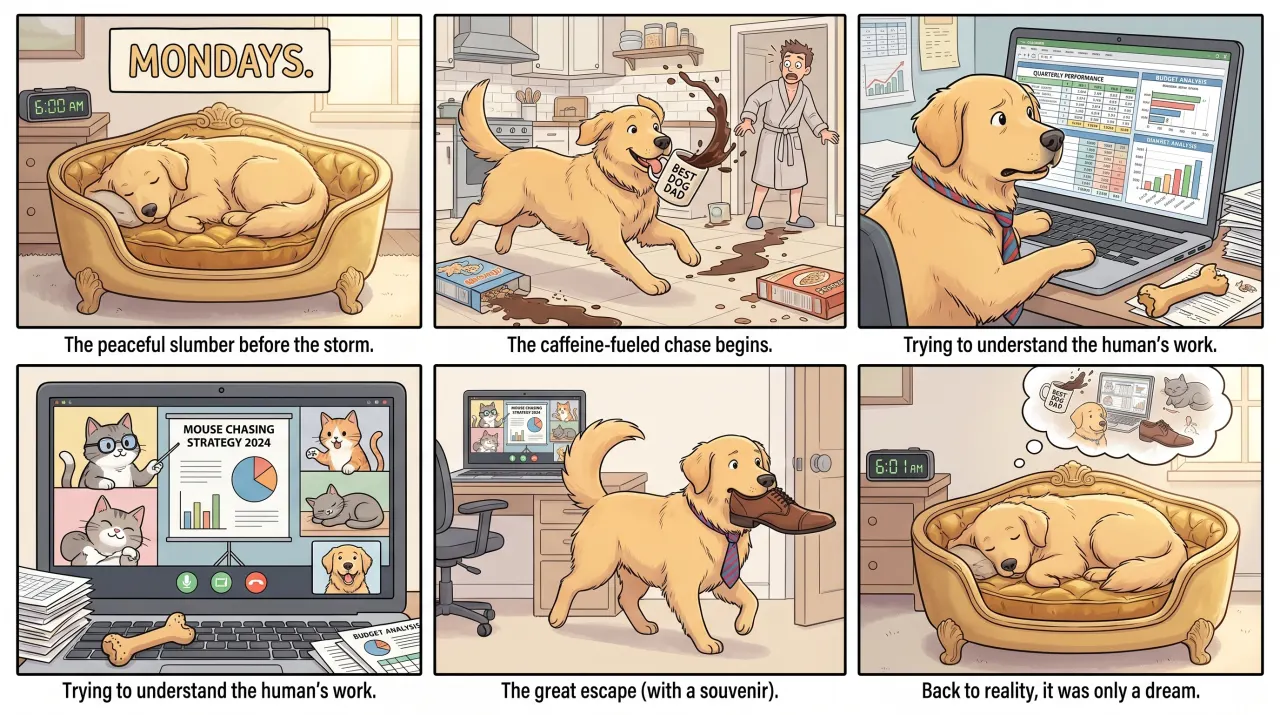 Nano Banana 2 result for the same six-panel comic strip — warmer artwork but title placement off and one panel repeats an earlier caption