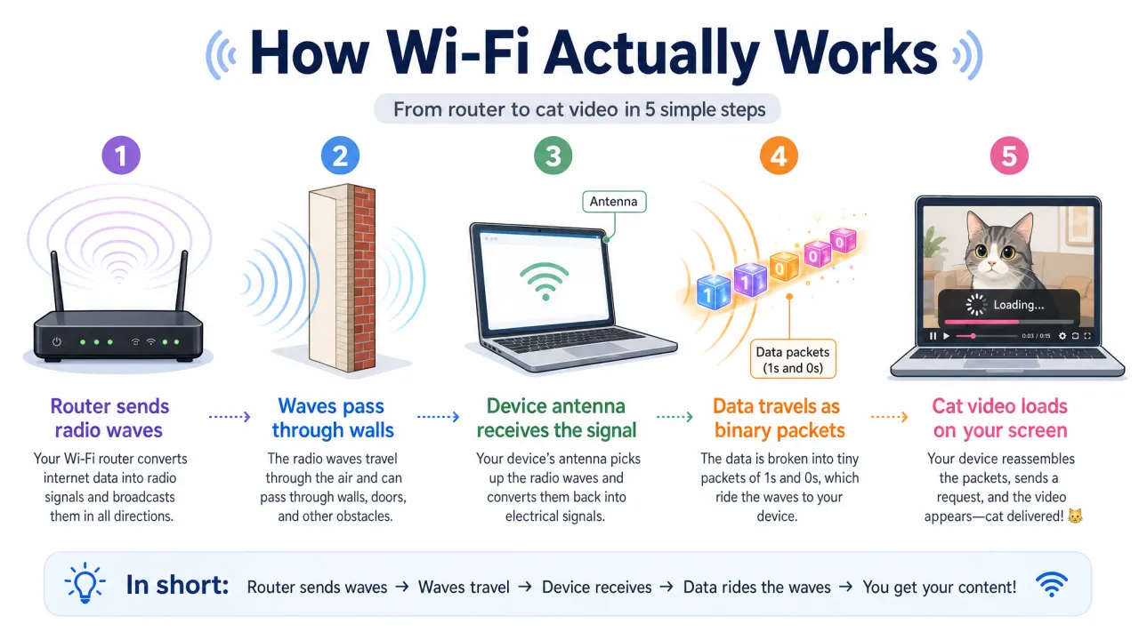 GPT Image 2 result for the Wi-Fi infographic — correct title, clear five-step sequence, accurate labels, and a helpful "in short" summary strip