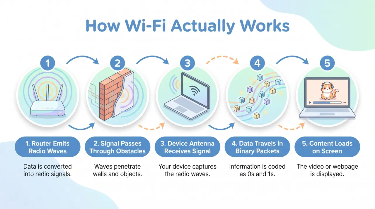 Nano Banana 2 result for the Wi-Fi infographic — softer pastel design, but the cat-video specificity is dropped to generic "content loads"