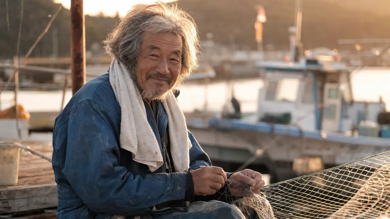 GPT Image 2 result for the golden-hour Japanese fisherman portrait — strong documentary look, but the subject looks straight into the camera and feels posed