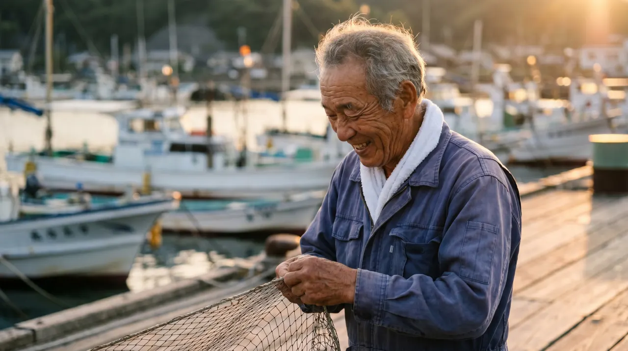 Nano Banana 2 result for the same fisherman portrait — caught mid-action mending the net, side-profile smile, more naturally observed
