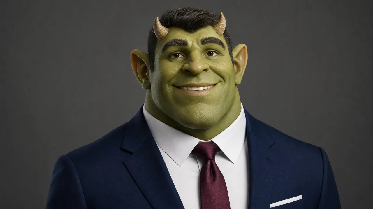 Resultado de GPT Image 2 para el retrato ejecutivo del ogro verde: cálido y cercano, pero las orejas de trompeta salen como cuernos pequeños