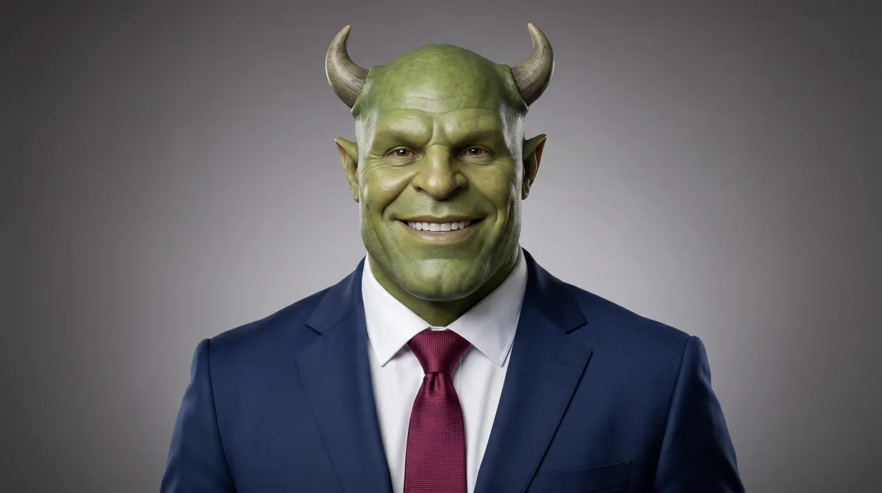 Nano Banana 2 result for the same ogre executive — more realistic studio finish, like an actor in prosthetic makeup rather than illustration
