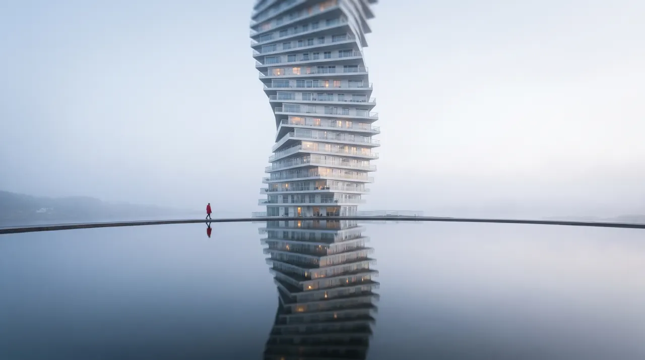 GPT Image 2 result for the impossible spiral residential tower — dramatic concept but the upper floors twist more than the lower ones