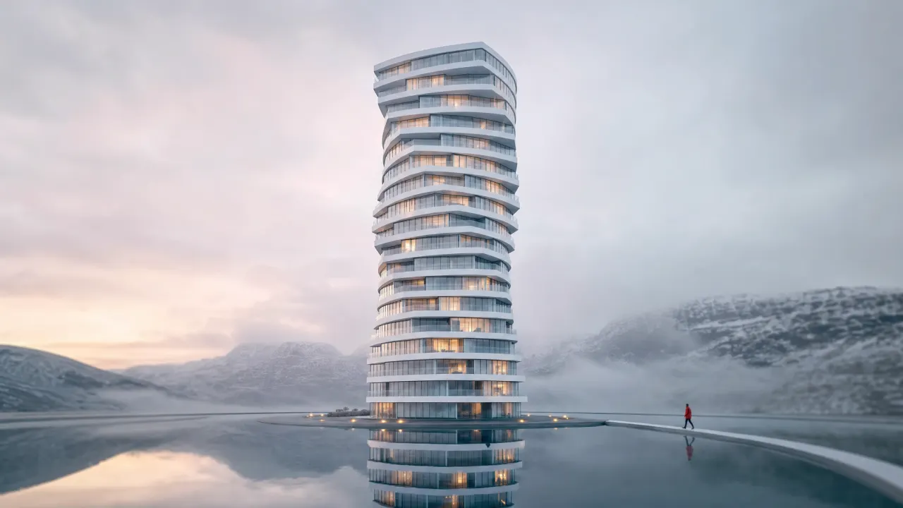Nano Banana 2 result for the spiral tower — cleaner photograph, more believable construction, water reflection behaves naturally