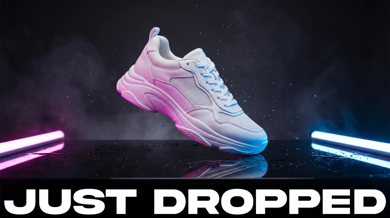 GPT Image 2 result for the sneaker ad — chunky silhouette, smoky neon stage, billboard-wide "JUST DROPPED" type