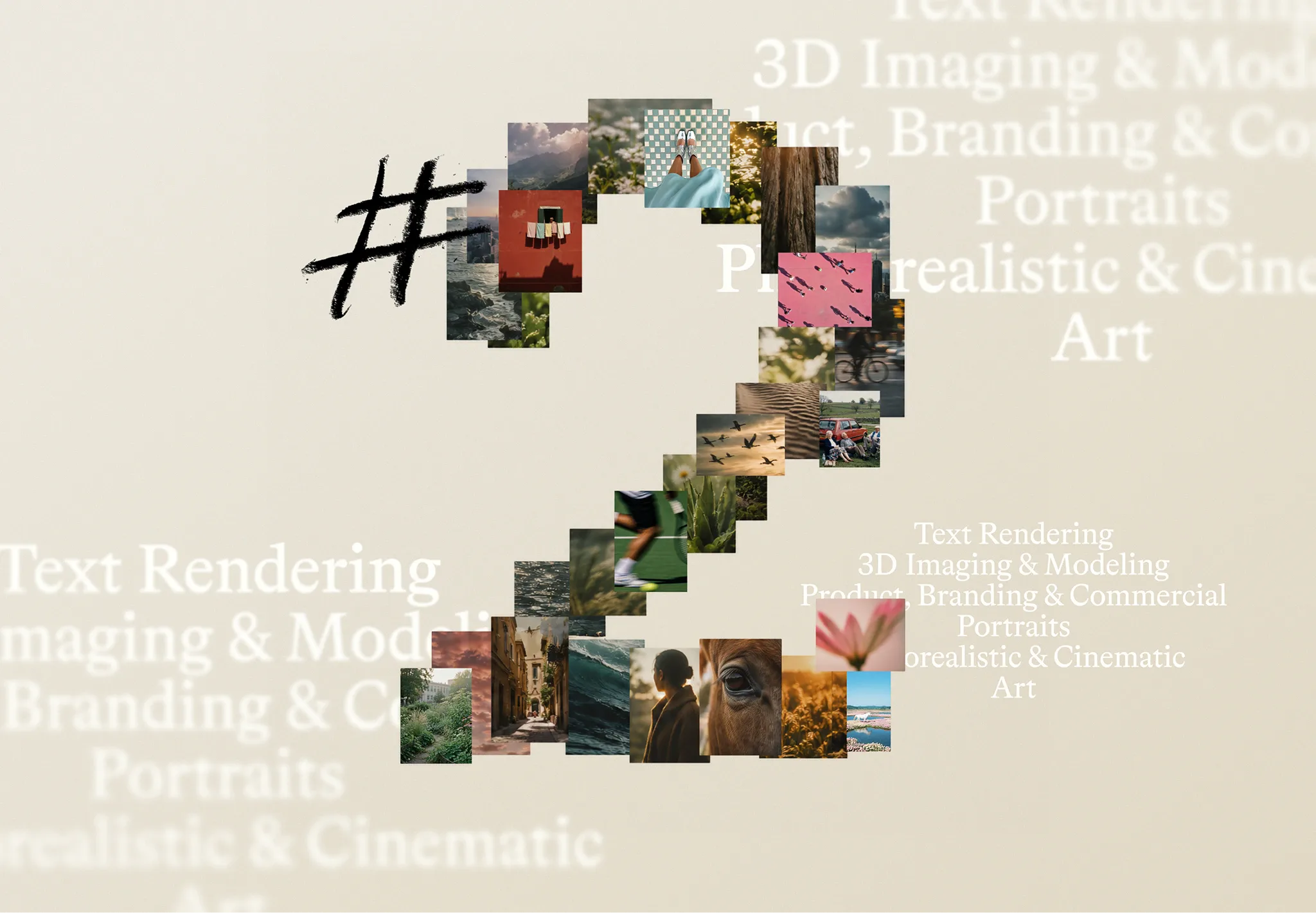 Grafica di annuncio di Microsoft AI: un grande numero 2 con un cancelletto, riempito di piccole fotografie di natura, animali e persone, sopra un testo sbiadito che parla di rendering, imaging, modellazione e arte