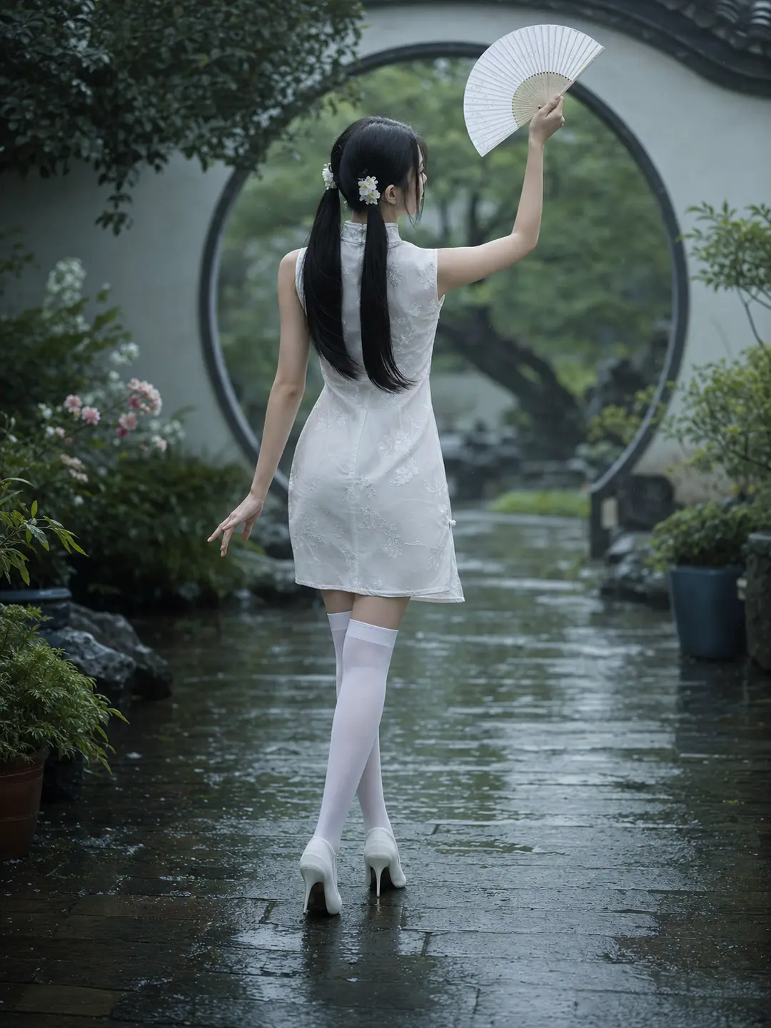 ภาพพอร์ตเทรตกี่เพ้าในสวนเจียงหนานหลังฝน