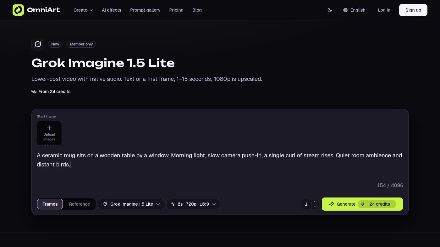 OmniArt 英文介面已選取 Grok Imagine 1.5 Lite,可編輯場景提示詞,並顯示預設 8 秒與 720p 設定