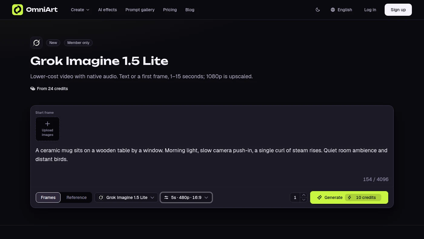 OmniArt 英文介面中,Grok Imagine 1.5 Lite 設定為 5 秒、480p、16:9,輸出數量為一支